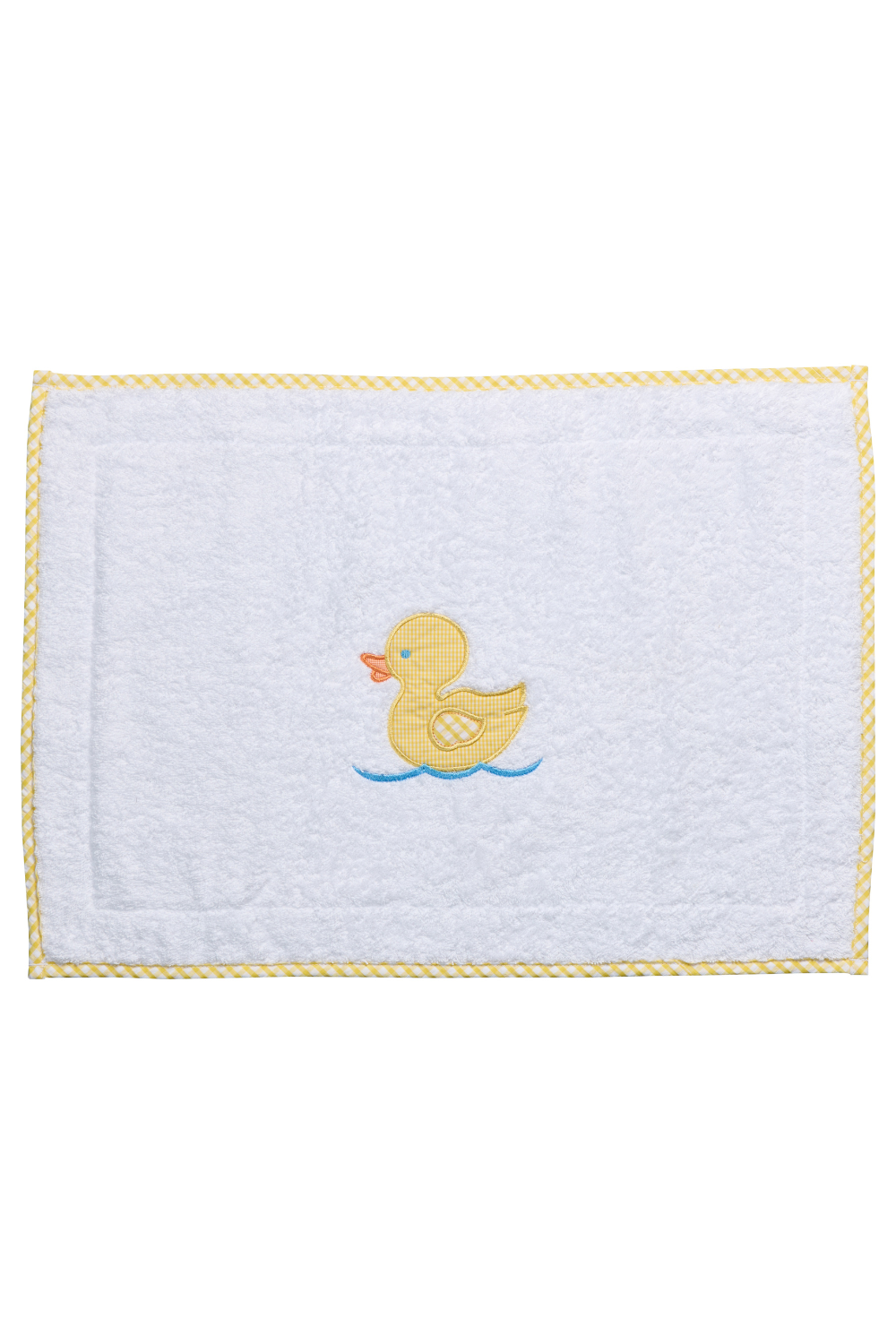 White terry bath mat with a yellow gingham duck applique
