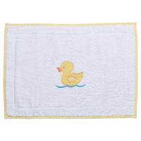 White terry bath mat with a yellow gingham duck applique