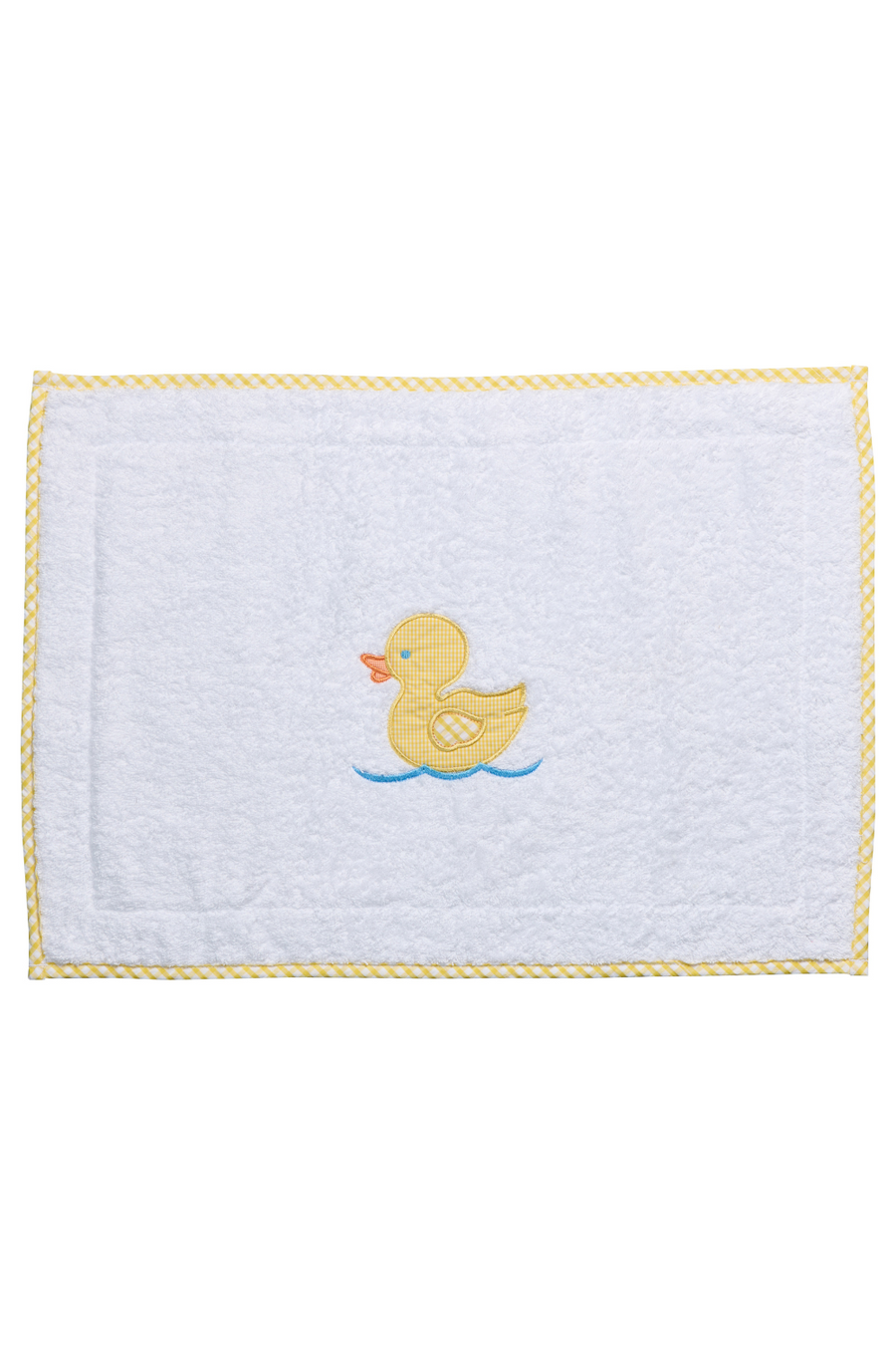 White terry bath mat with a yellow gingham duck applique