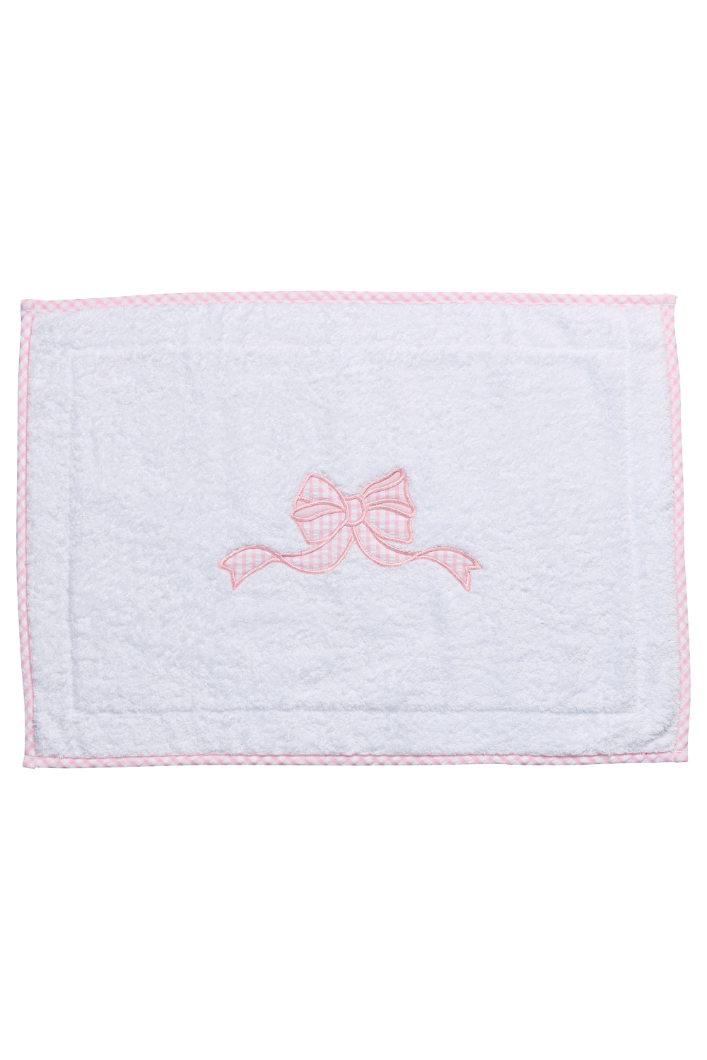 White terry bath mat with a pink gingham bow applique