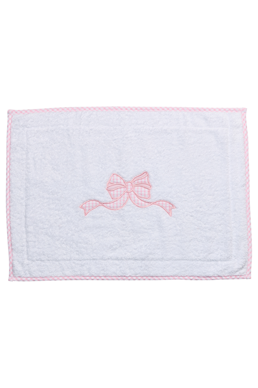 White terry bath mat with a pink gingham bow applique