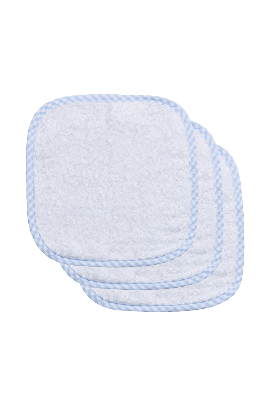 Stack of three washcloths, trimmed in blue gingham check