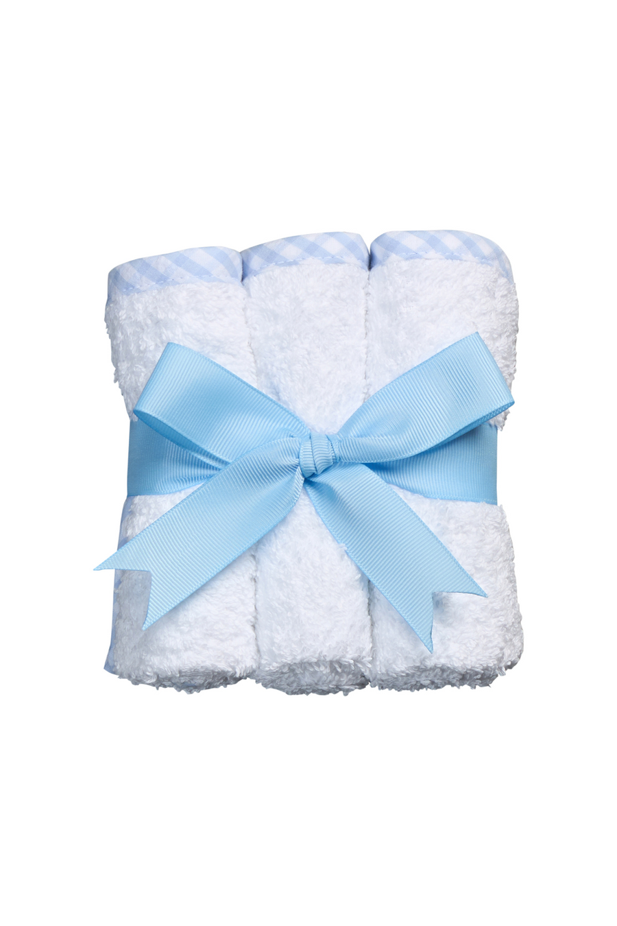 Three washcloths, trimmed in blue gingham check, rolled and tied with blue ribbon