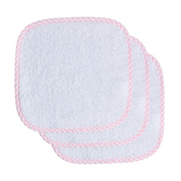 Stack of three washcloths, trimmed in pink gingham check