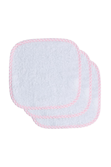 Stack of three washcloths, trimmed in pink gingham check