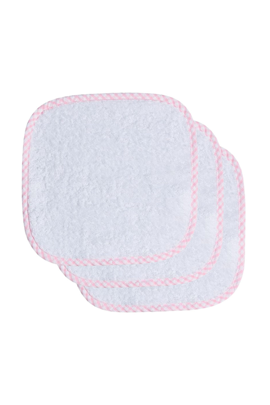 Stack of three washcloths, trimmed in pink gingham check