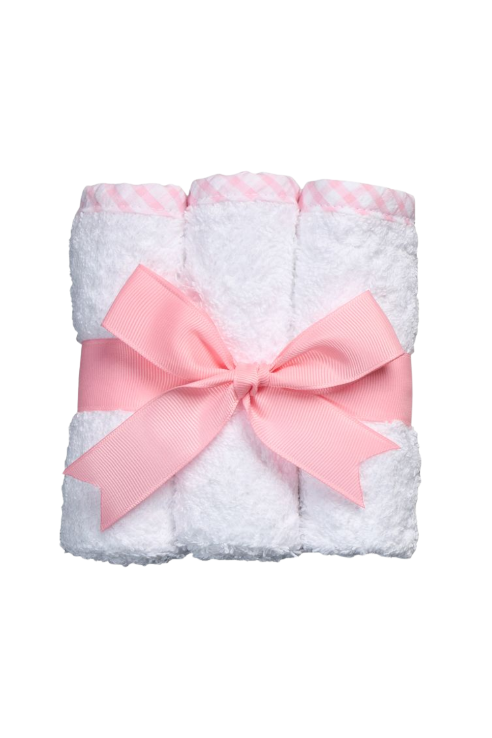 Set of three washcloths, trimmed in pink gingham check, rolled and tied with matching ribbon