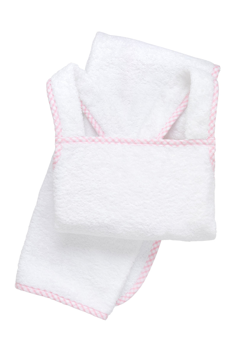 Cotton terry bath apron with pink gingham check trim, 3 Marthas
