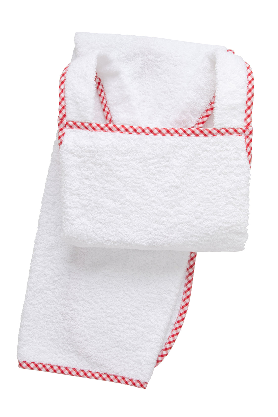 Cotton terry bath apron with red gingham check trim, 3 Marthas