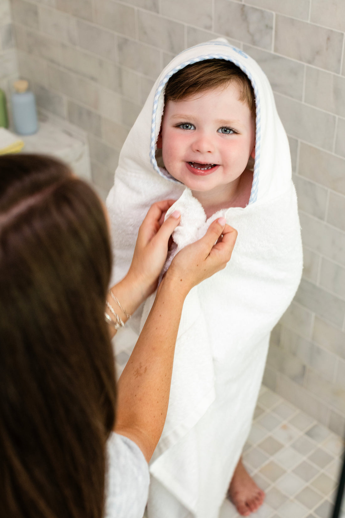 3 Marthas white hooded terrycloth towel with blue airplane applique and blue big check trim for boys