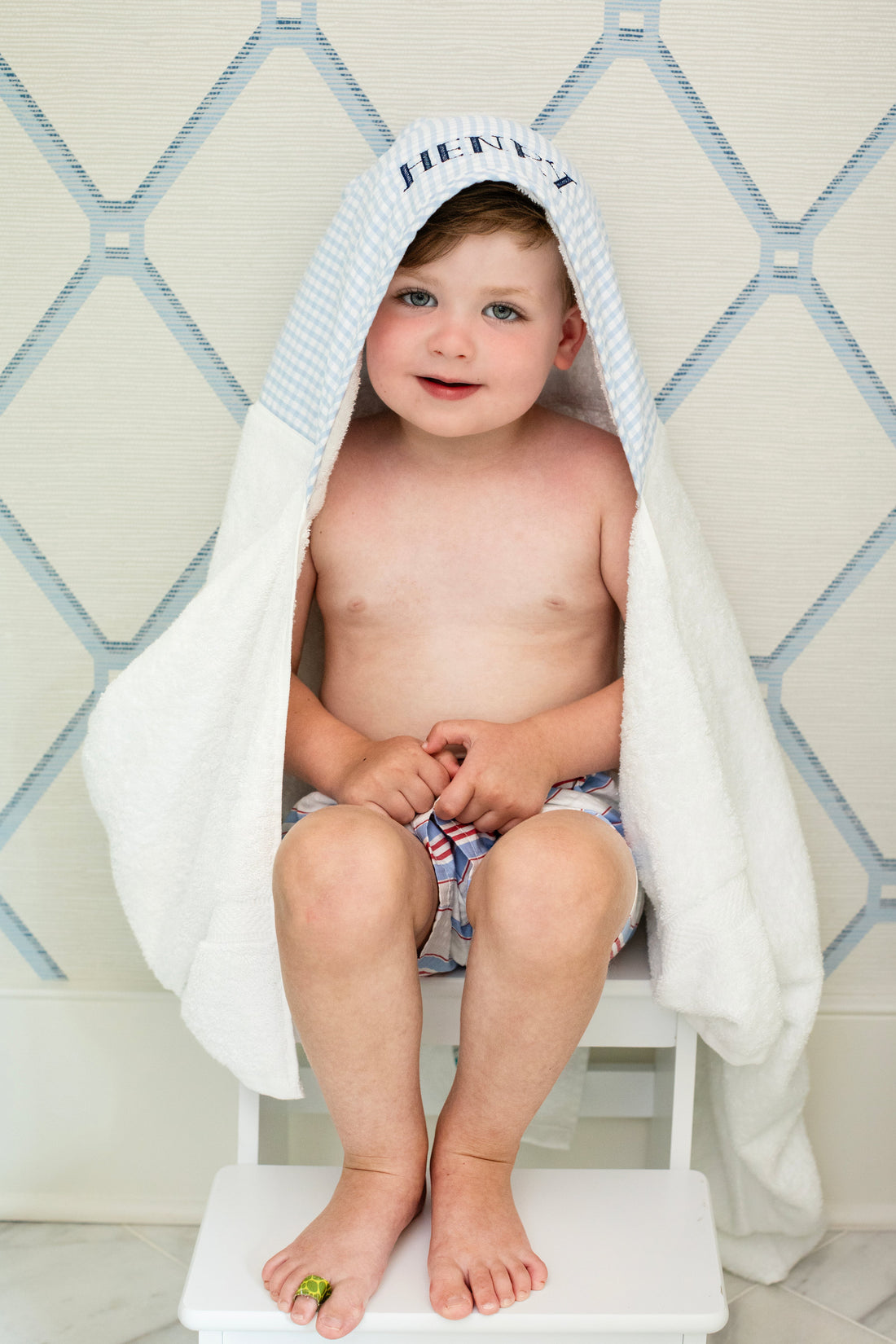3 Marthas blue big check hooded terrycloth towel for boys 