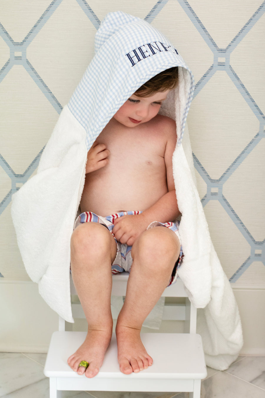 3 Marthas blue big check hooded terrycloth towel for boys 