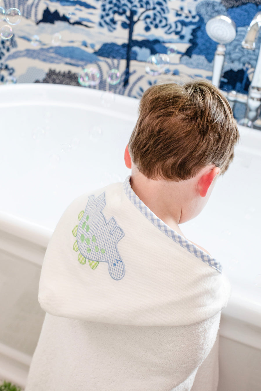 3 Marthas white terrycloth hooded towel with blue and green applique dino and blue check trim for boys