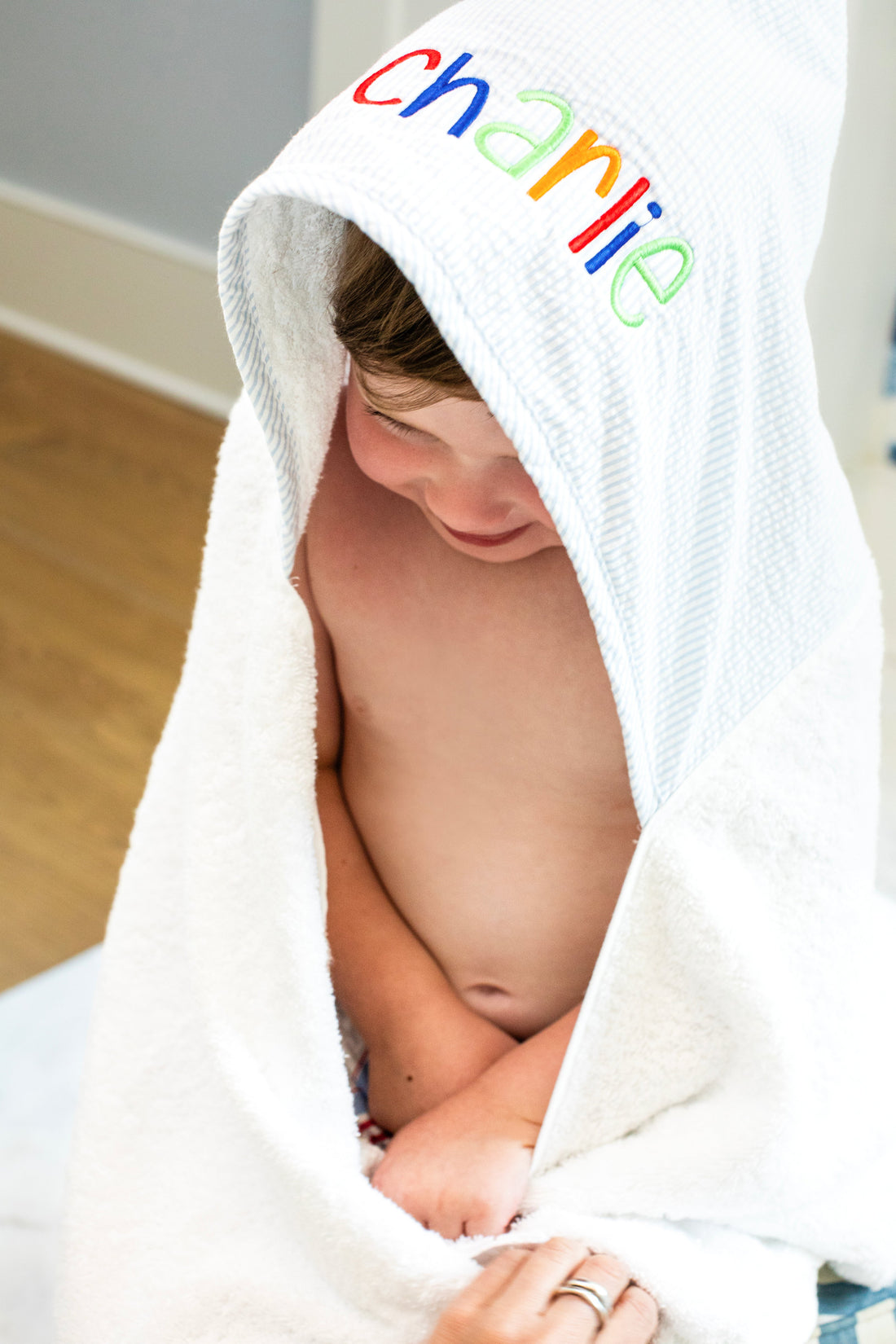 3 Marthas white terrycloth hooded towel with blue seersucker striped hood with colorful monogram for boys 