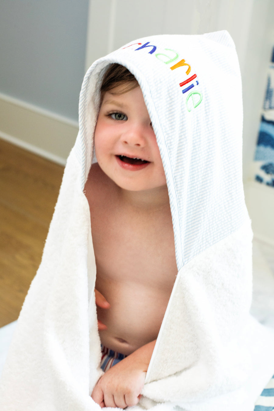 3 Marthas white terrycloth hooded towel with blue seersucker striped hood with colorful monogram for boys 