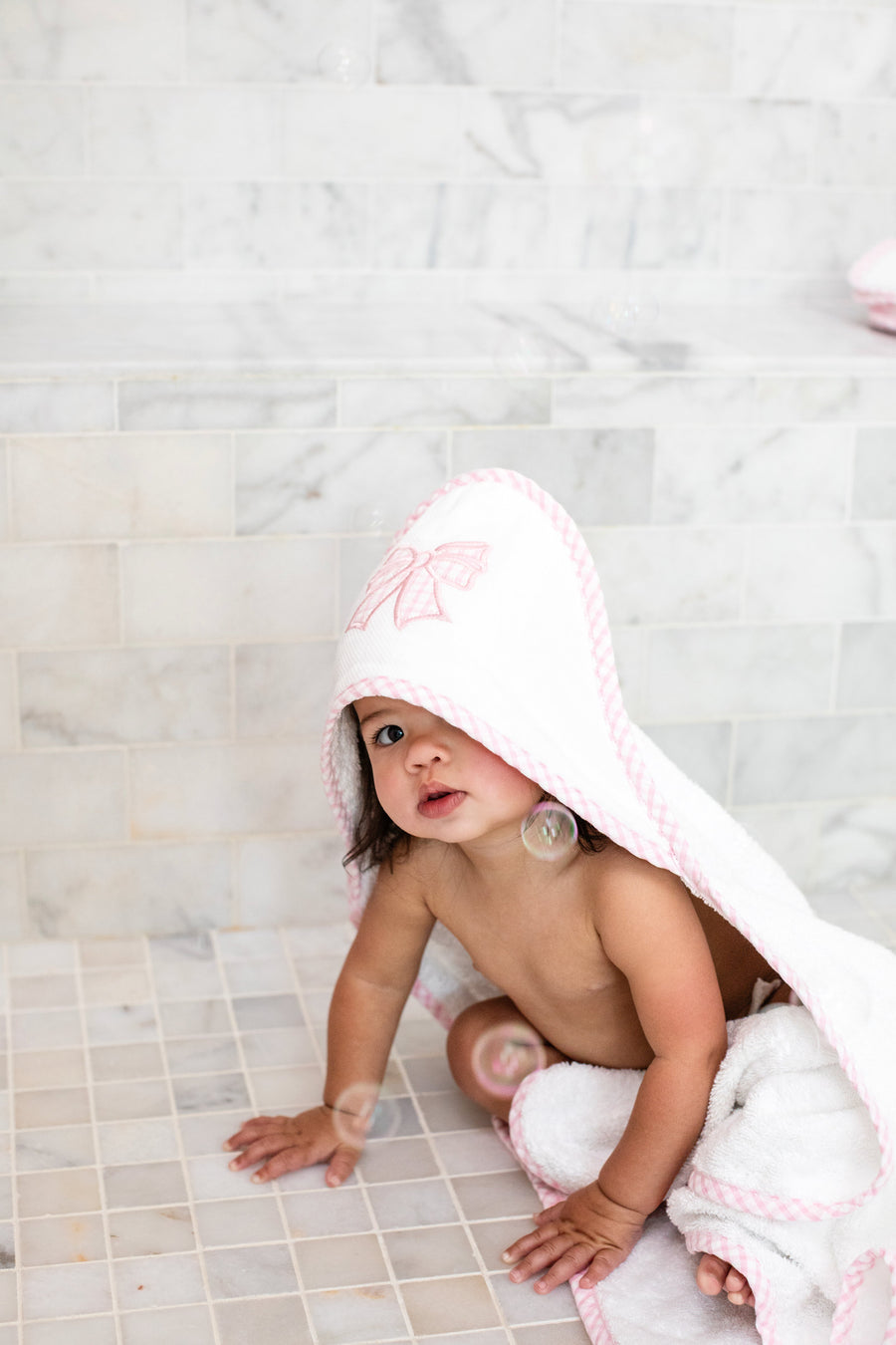 3 Marthas white terrycloth hooded towel with pink bow applique and pink check trim for girls 