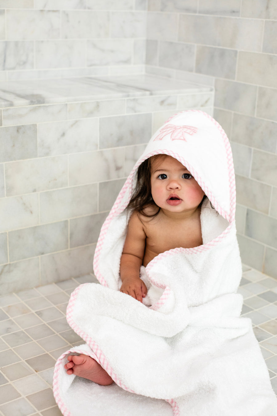 3 Marthas white terrycloth hooded towel with pink bow applique and pink check trim for girls 