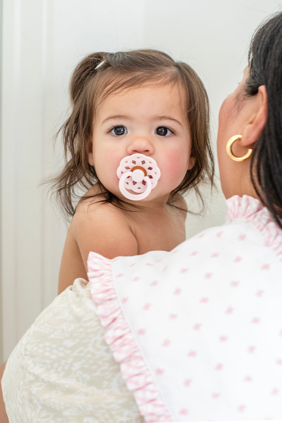 3 Marthas white burp cloth with light pink bow all over print and pink ruffle trim for girls 