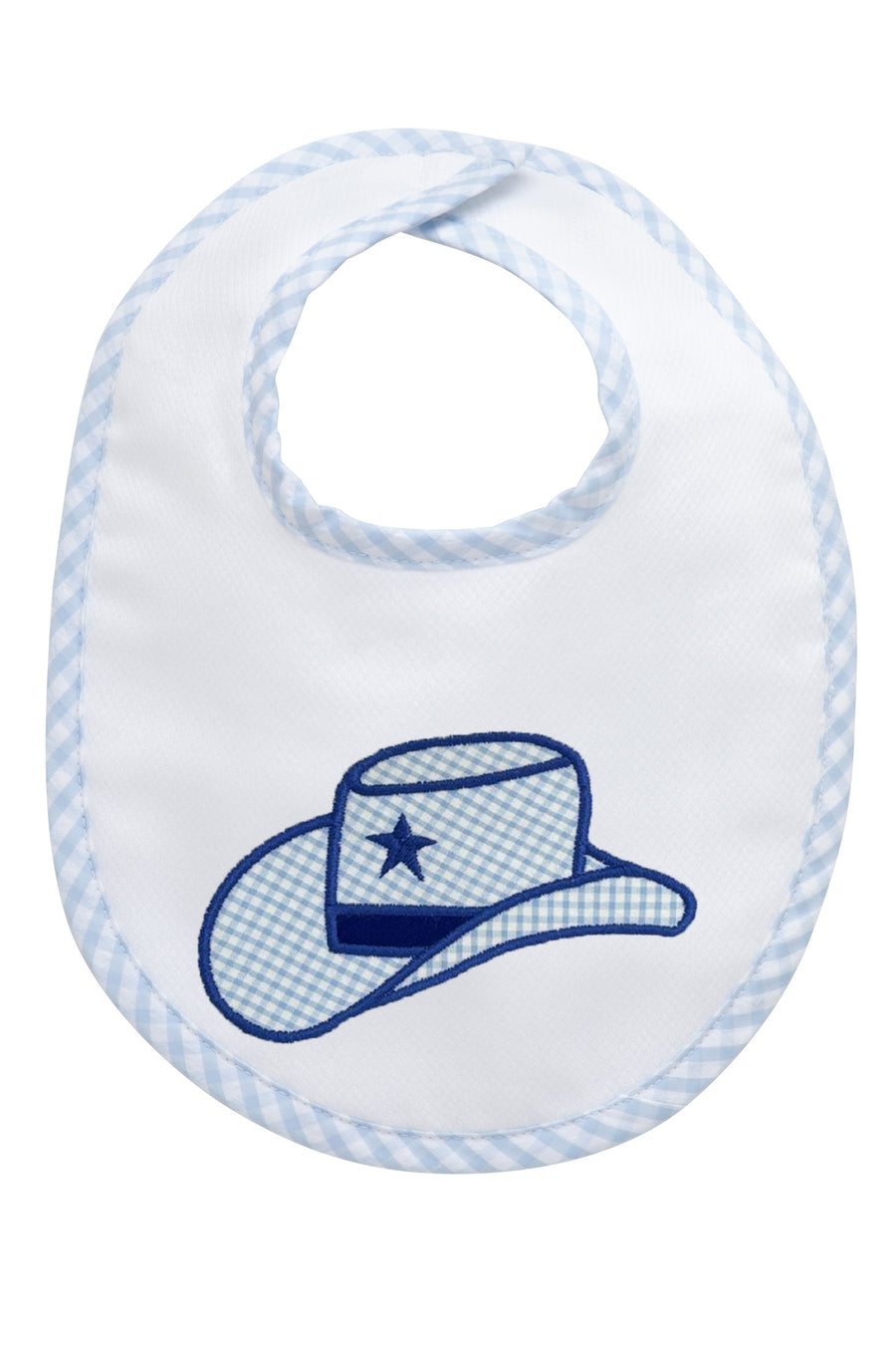 Baby bib with blue cowboy hat design on a white background