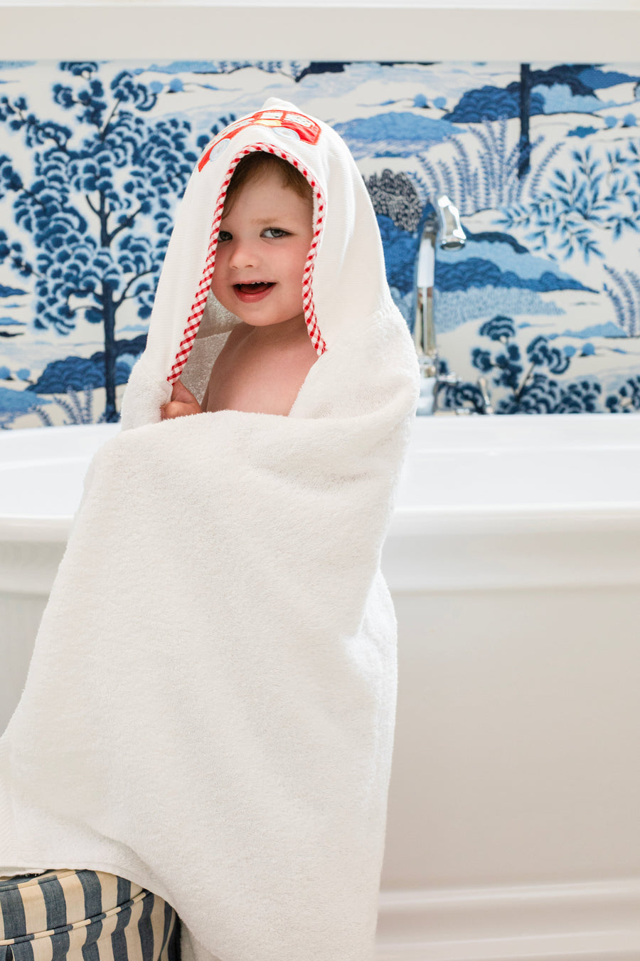 3 Marthas white terrycloth hooded towel with red applique fire truck and red check trim for boys 
