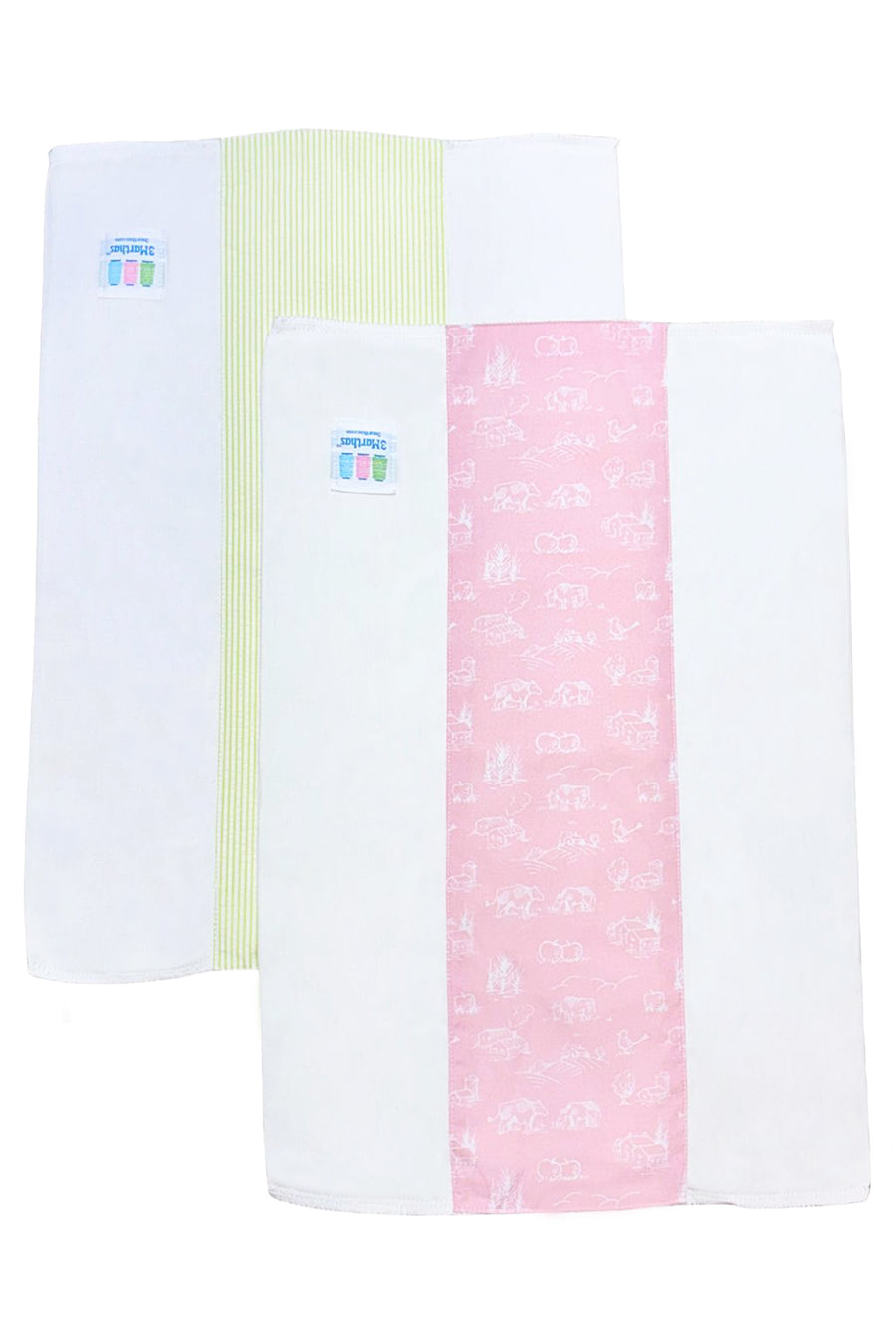 Two cotton burp cloths for baby with pink cow and green stripe fabric, 3 Marthas
