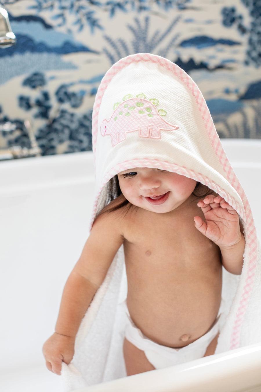 3 Marthas white terrycloth hooded towel with pink dino applique and pink check trim for little girls 