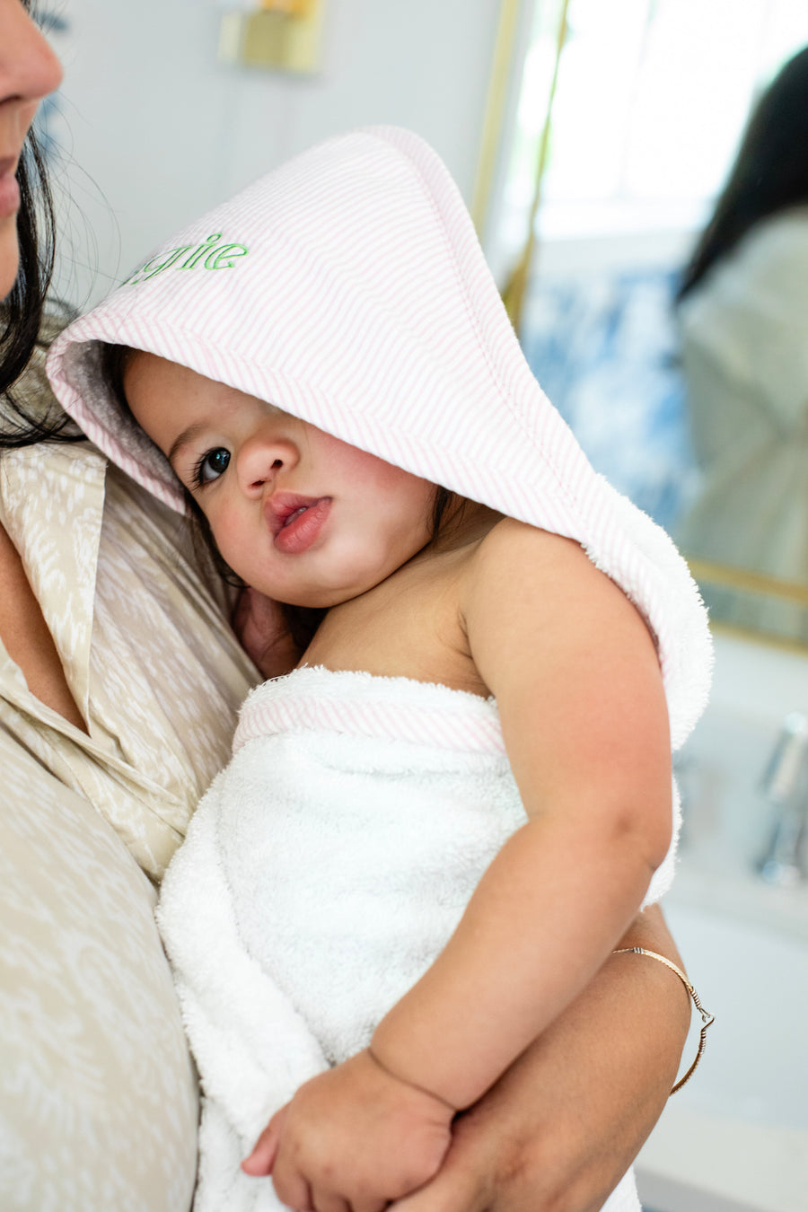 3 Marthas white terrycloth hooded towel with pink seersucker striped hood and pink trim for girls 