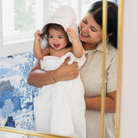 3 Marthas white terrycloth hooded towel with pink seersucker striped hood and pink trim for girls 