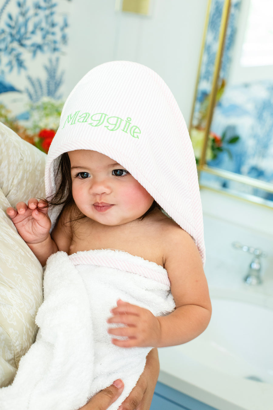3 Marthas white terrycloth hooded towel with pink seersucker striped hood and pink trim for girls 