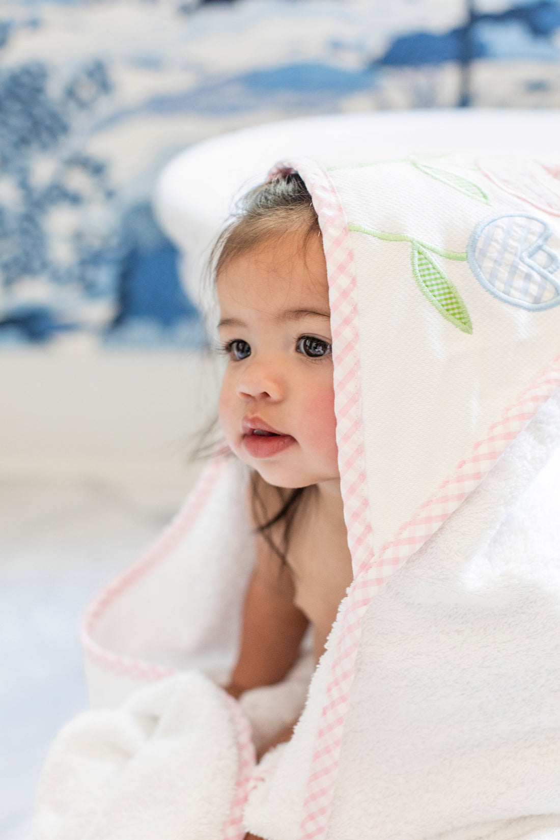3 Marthas hooded terrycloth towel with tulip applique and pink big check fabric trim for baby girls 