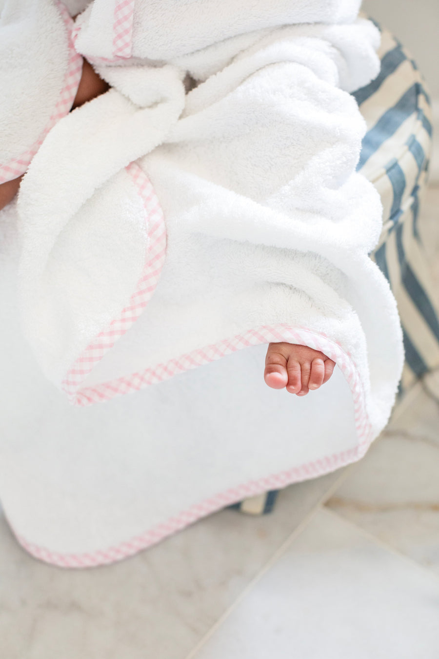 3 Marthas white terrycloth hooded towel with multicolor tulip applique and pink check trim for little girls. 
