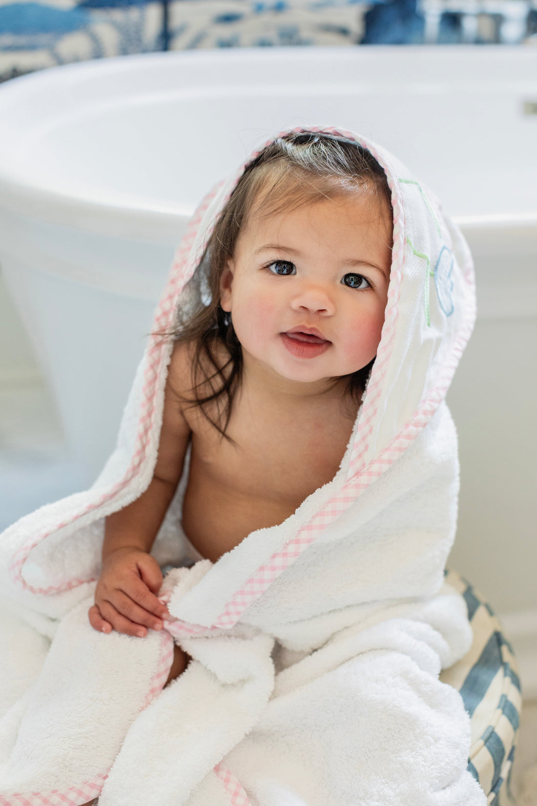 3 Marthas white terrycloth hooded towel with multicolor tulip applique and pink check trim for little girls. 